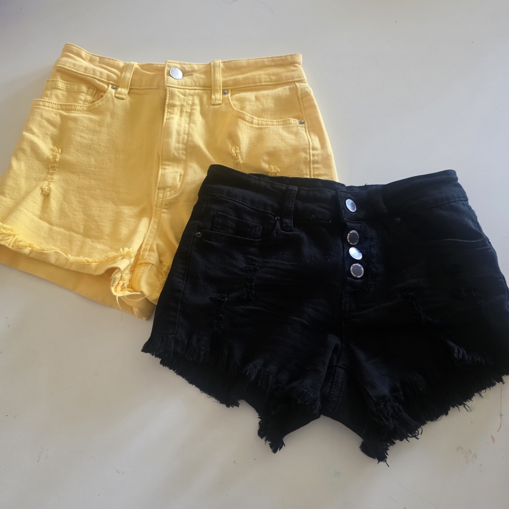 Distressed Denim Shorts Bundle, Two Pairs: Black Button Fly, Yellow, Summer